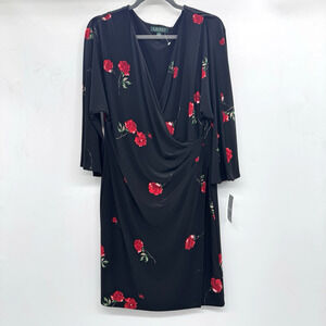Lauren Ralph Lauren Dark Floral Jersey Wrap Dress Sz 14 Black Office Modest NEW